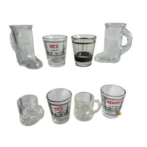 Vintage Shot Glass Set of 8 Novelty Boot Mini Mug Vics Bar Richards Bar Barware